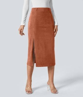 High Waisted Hem Midi Corduroy Casual Skirt