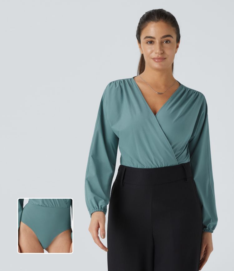 Breezeful™ V-Neck Pleated Bishop Sleeve Button Quick-Drying Casual Bodysuit