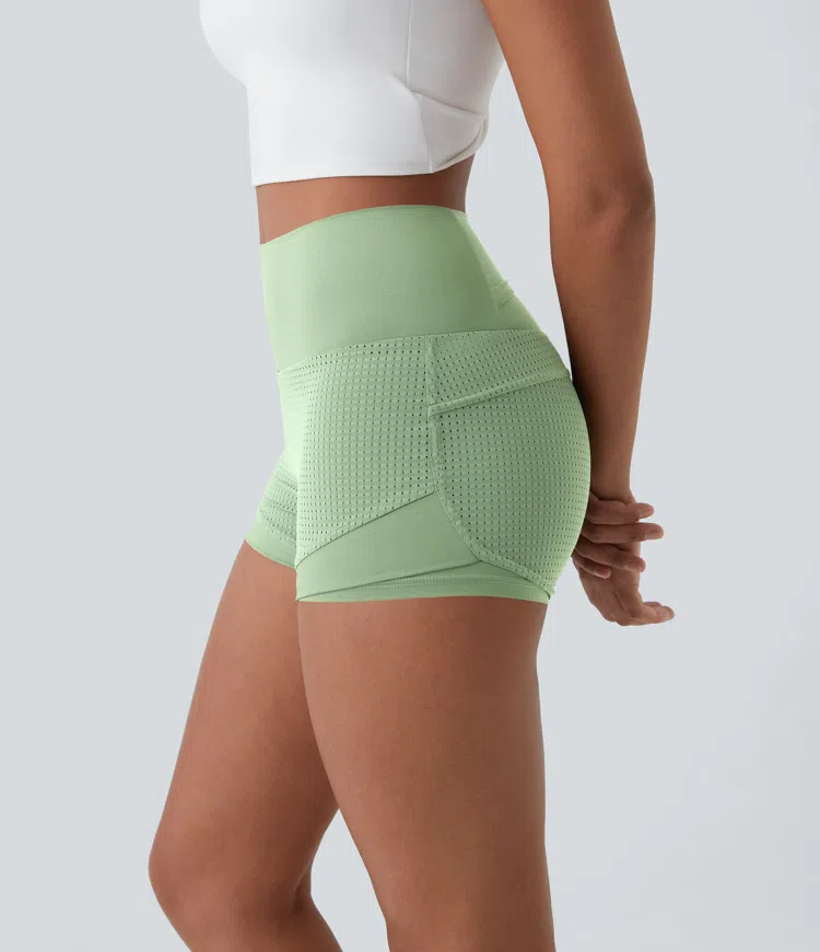 High Waisted Mesh Back Waistband Pocket 2-in-1 Casual Shorts 2"