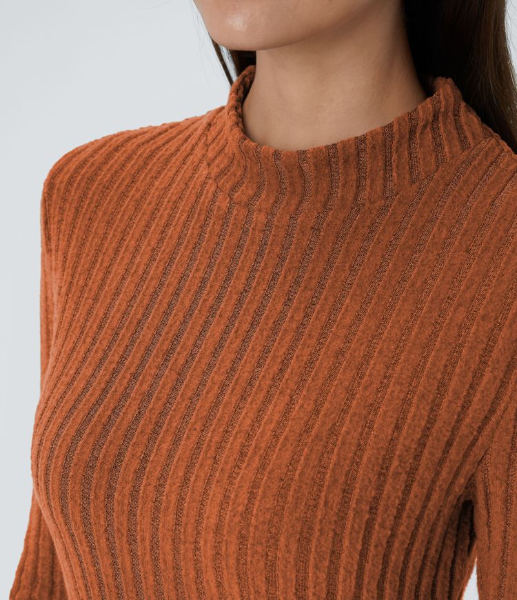 Ribbed Knit Stand Collar Long Sleeve Mini Casual Dress