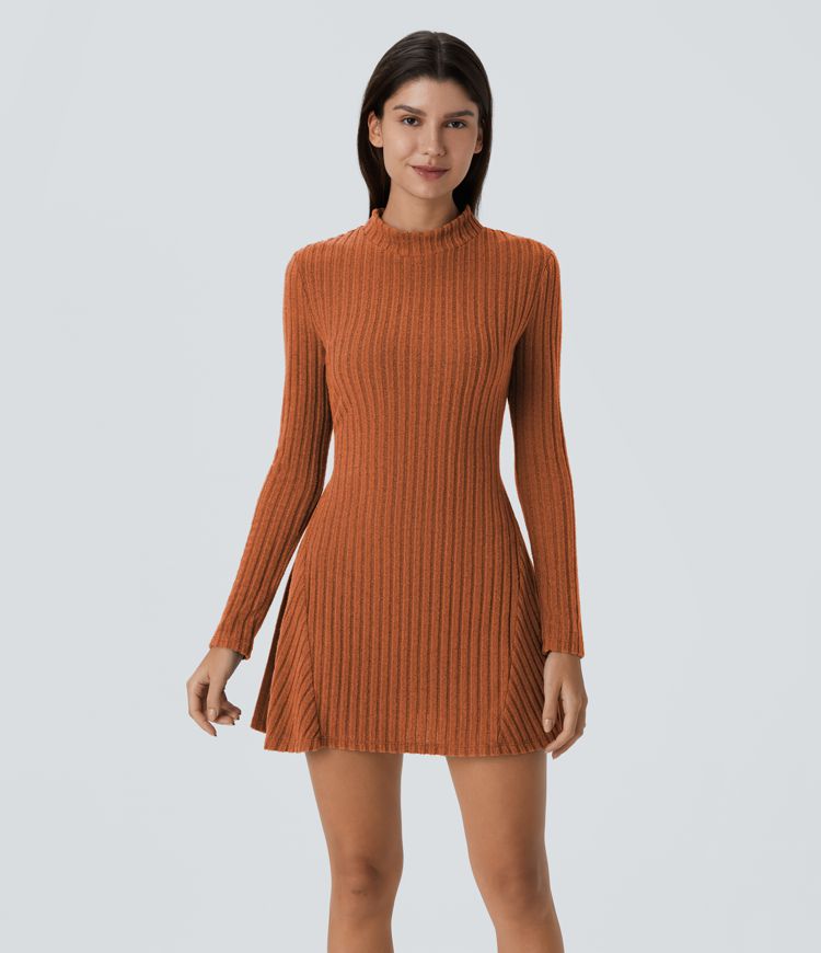 Ribbed Knit Stand Collar Long Sleeve Mini Casual Dress