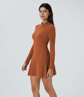 Ribbed Knit Stand Collar Long Sleeve Mini Casual Dress