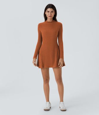 Ribbed Knit Stand Collar Long Sleeve Mini Casual Dress