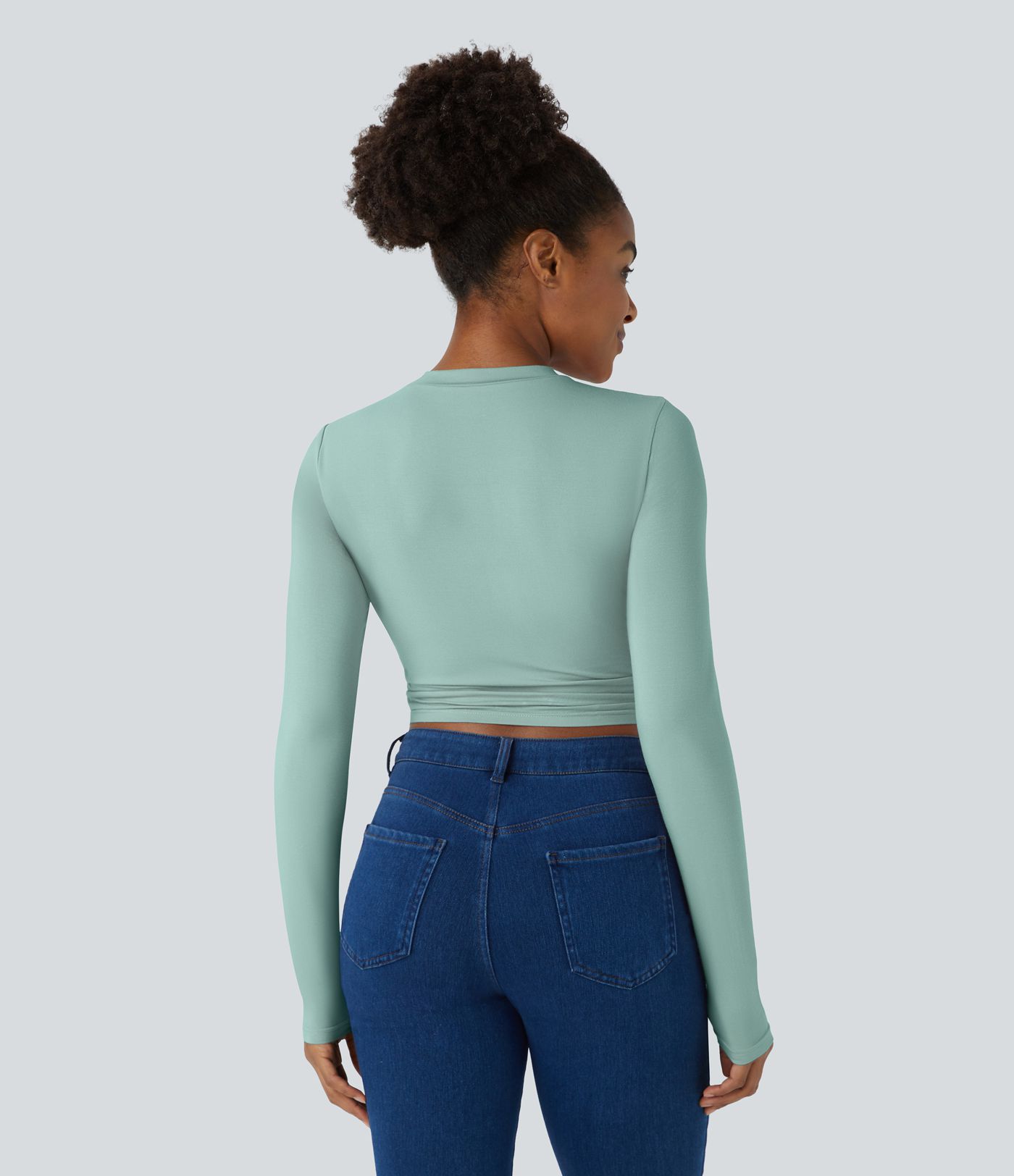 Round Neck Long Sleeve Ruched Skinny Cropped Casual Top
