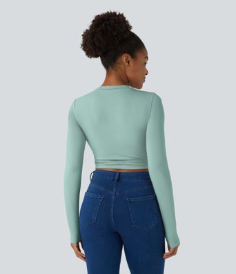 Round Neck Long Sleeve Ruched Skinny Cropped Casual Top
