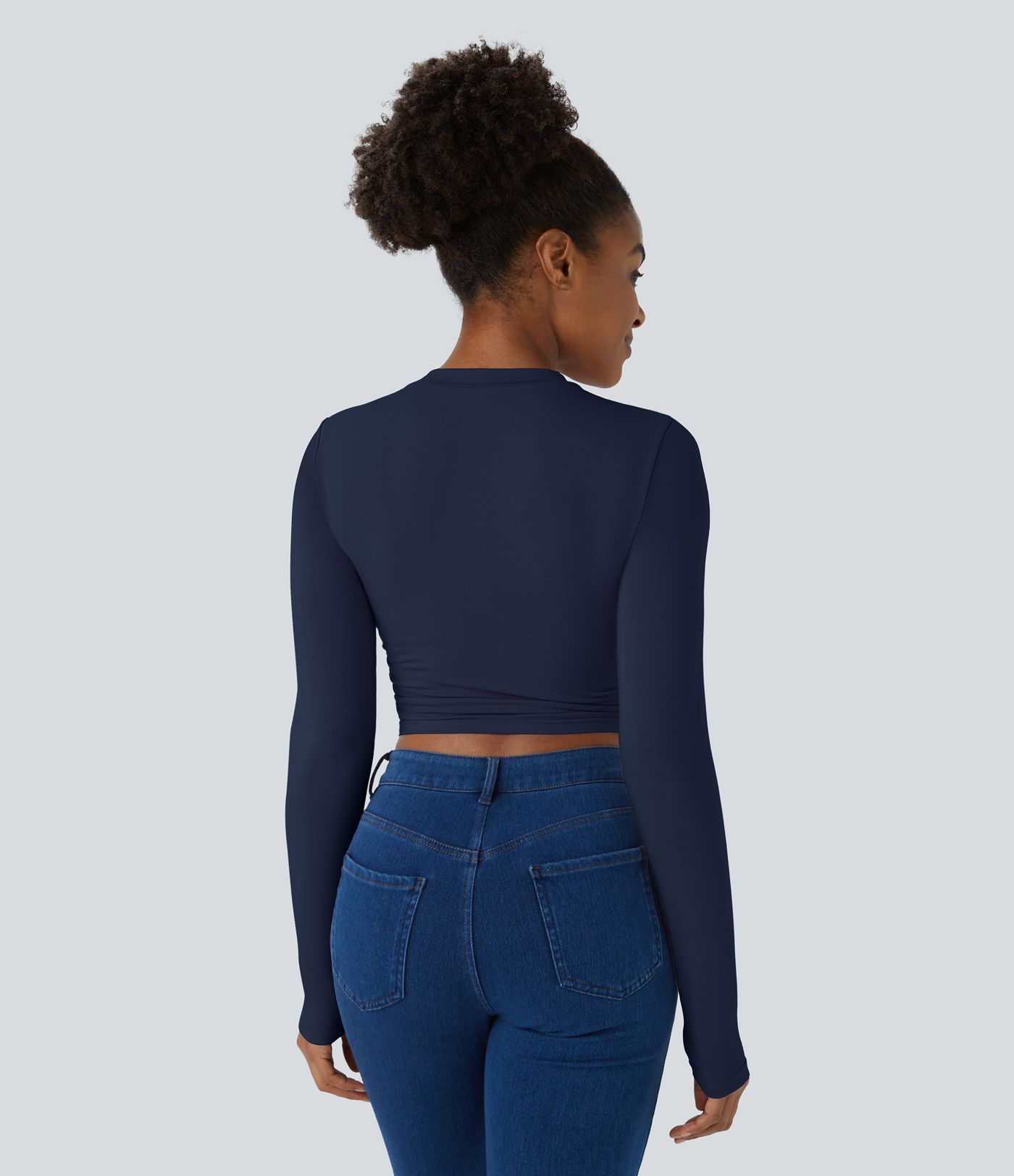 Round Neck Long Sleeve Ruched Skinny Cropped Casual Top