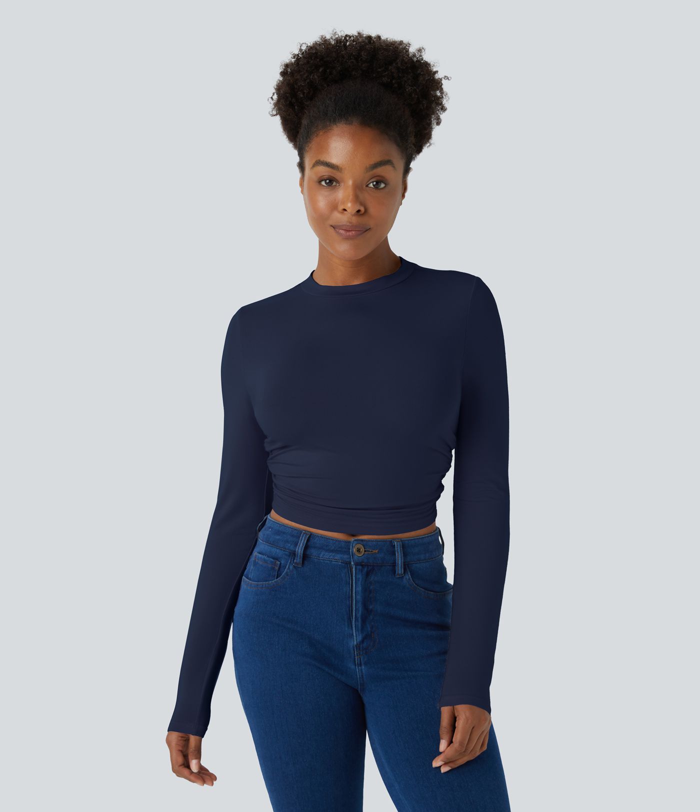 Round Neck Long Sleeve Ruched Skinny Cropped Casual Top