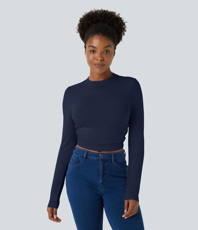 Round Neck Long Sleeve Ruched Skinny Cropped Casual Top