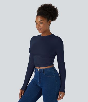Round Neck Long Sleeve Ruched Skinny Cropped Casual Top