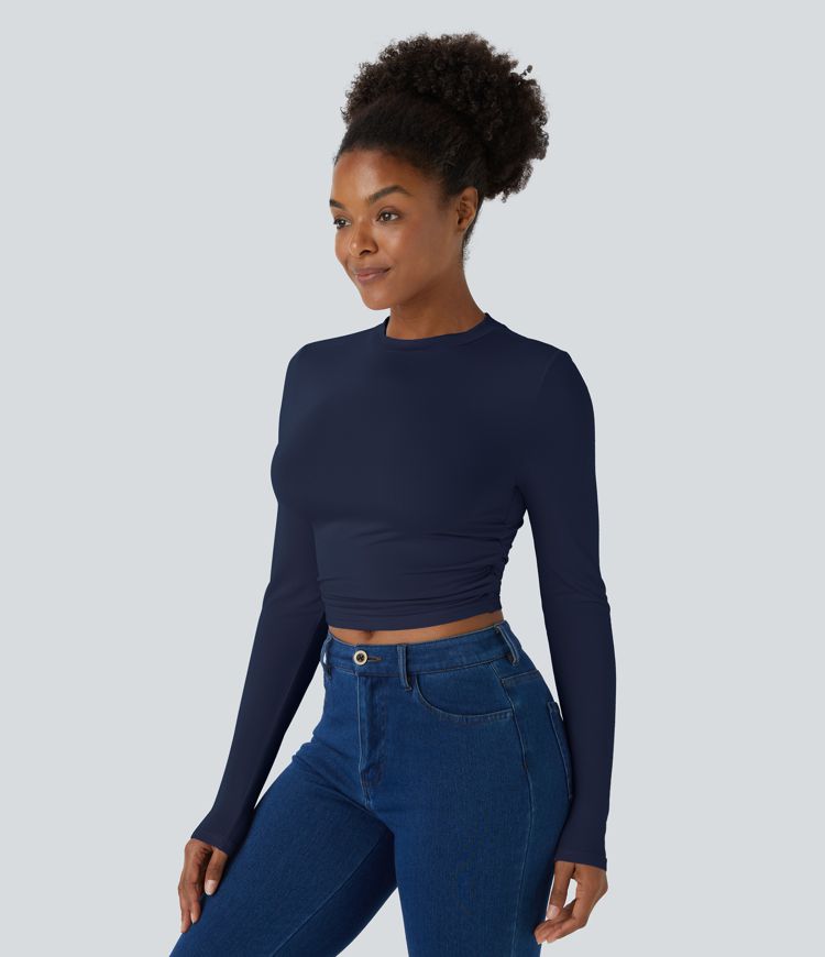 Round Neck Long Sleeve Ruched Skinny Cropped Casual Top
