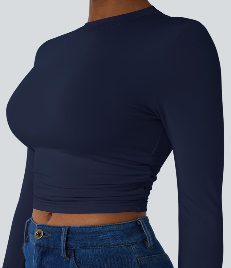 Round Neck Long Sleeve Ruched Skinny Cropped Casual Top