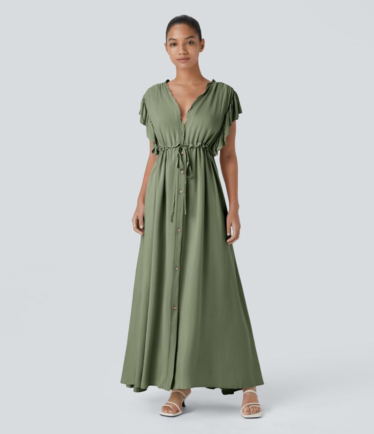 Robe Casual Maxi Flowy Encolure en V Profond Manches Papillon Dos Nu Cordon de Serrage Boutonnés Poches Latérales