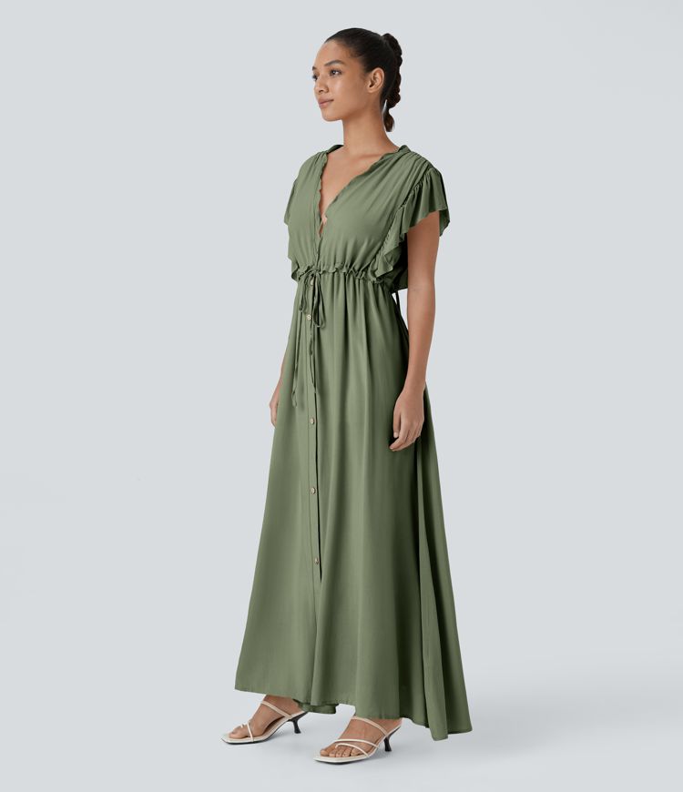 Robe Casual Maxi Flowy Encolure en V Profond Manches Papillon Dos Nu Cordon de Serrage Boutonnés Poches Latérales