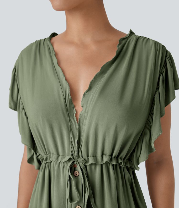 Robe Casual Maxi Flowy Encolure en V Profond Manches Papillon Dos Nu Cordon de Serrage Boutonnés Poches Latérales