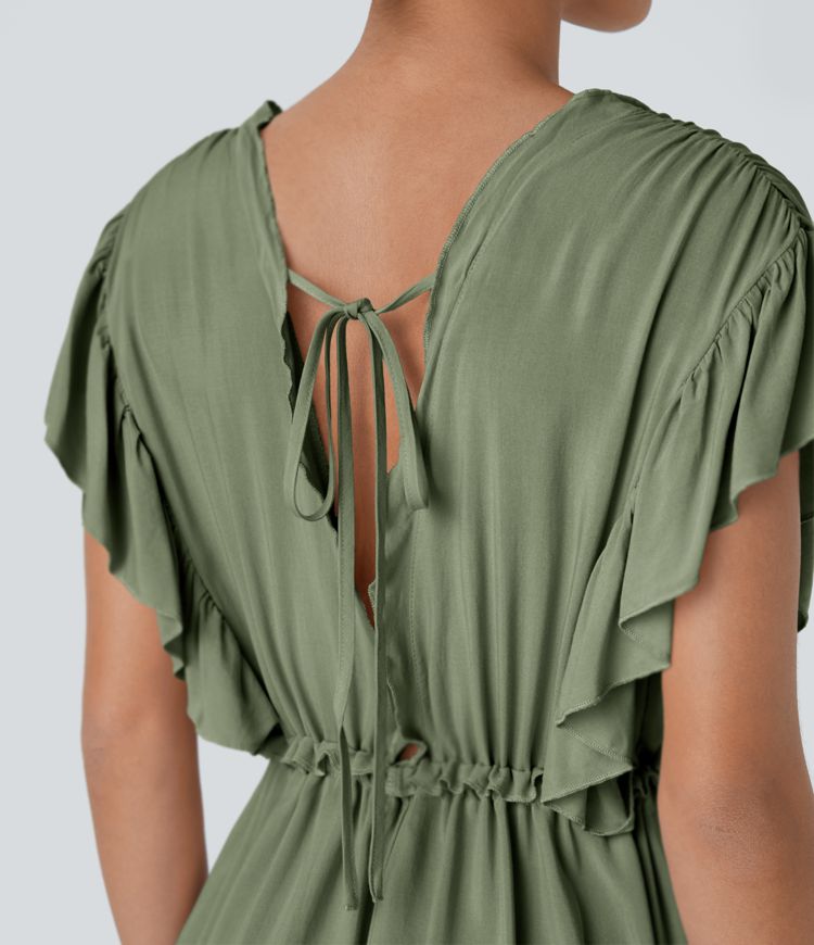 Robe Casual Maxi Flowy Encolure en V Profond Manches Papillon Dos Nu Cordon de Serrage Boutonnés Poches Latérales