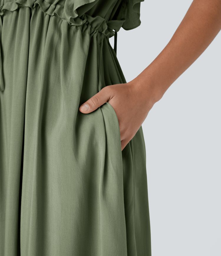 Robe Casual Maxi Flowy Encolure en V Profond Manches Papillon Dos Nu Cordon de Serrage Boutonnés Poches Latérales