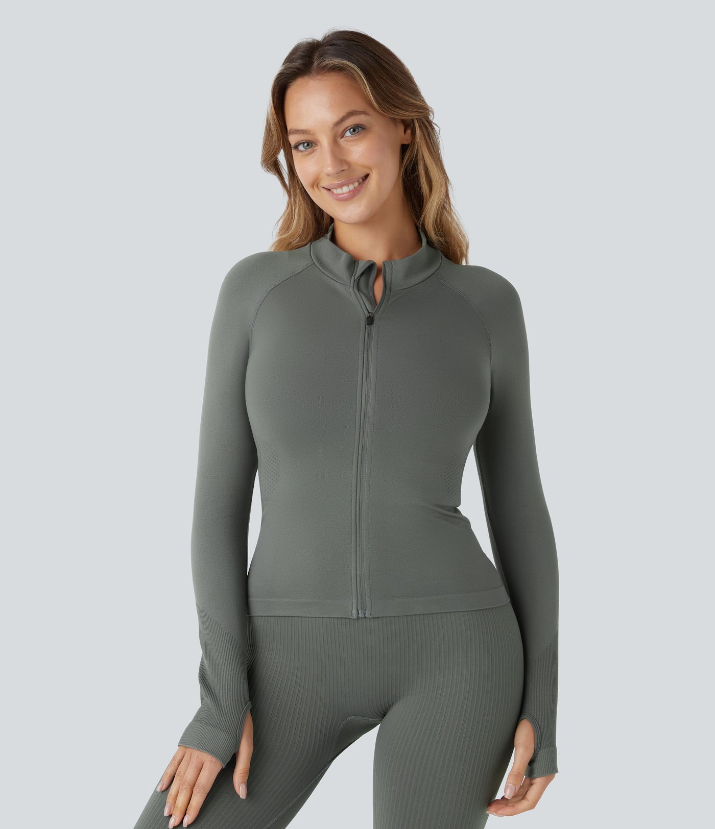 OneForm Seamless Flow Stand Collar Raglan Sleeve Thumb Hole Zipper Skinny Yoga Jacket