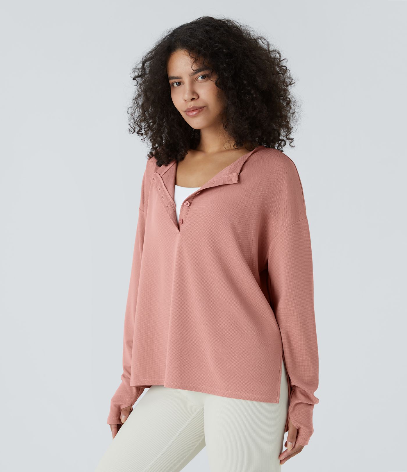 Front button thumb hole split waffle casual sweatshirt