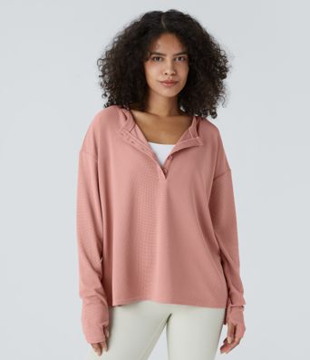 Button Front Thumb Hole Split Waffle Casual Sweatshirt
