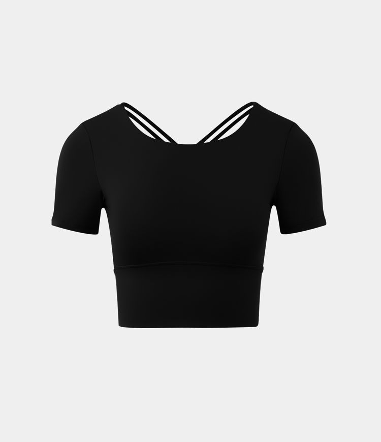 Round Neck Short Sleeve Backless Crisscross Cropped Sports Top