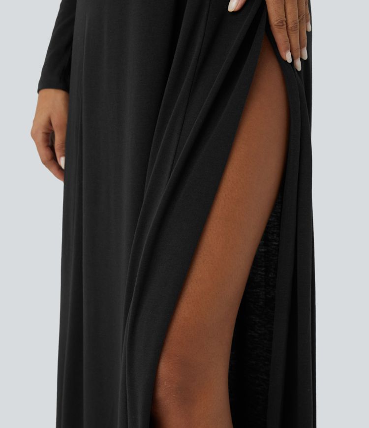 Square Neck Long Sleeve Split Flowy Flare Maxi Casual Dress