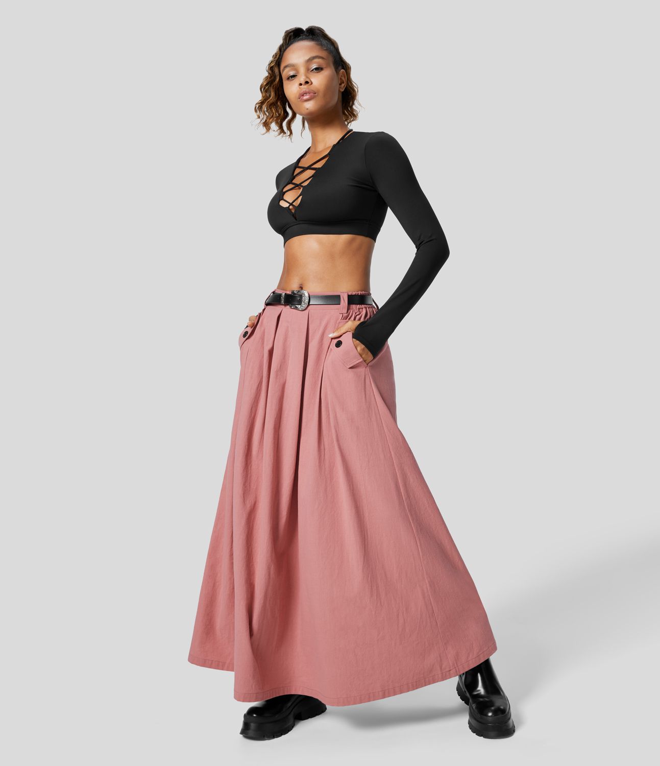 High Waisted Side Pocket Maxi A Line Casual Linen-Feel Skirt High Waisted Side Pocket Maxi A Line Casual Linen-Feel Skirt