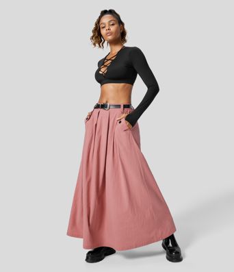 High Waisted Side Pocket Maxi A Line Casual Linen-Feel Skirt High Waisted Side Pocket Maxi A Line Casual Linen-Feel Skirt