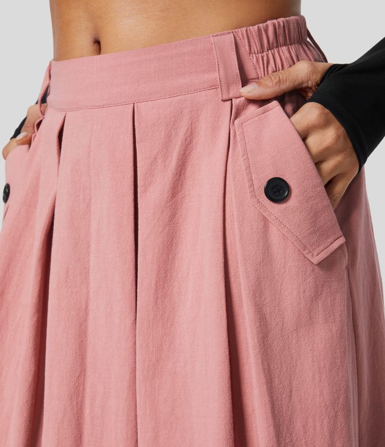 Jupe Casual Maxi Évasée à Taille Haute avec Plis et Poches Latérales Effet Lin