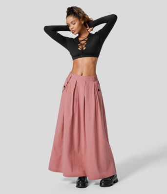 High Waisted Side Pocket Maxi A Line Casual Linen-Feel Skirt High Waisted Side Pocket Maxi A Line Casual Linen-Feel Skirt
