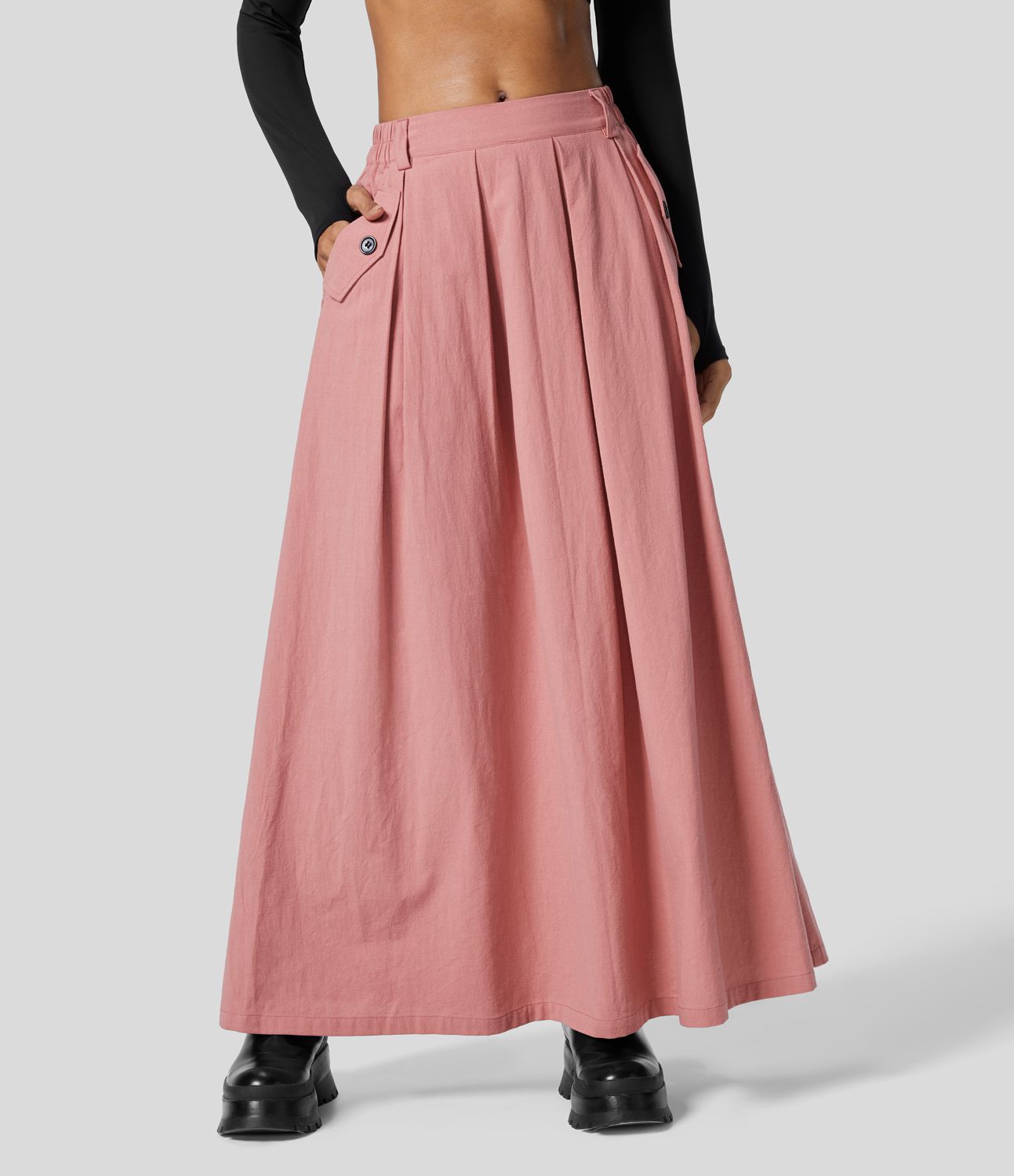 High Waisted Side Pocket Maxi A Line Casual Linen-Feel Skirt High Waisted Side Pocket Maxi A Line Casual Linen-Feel Skirt