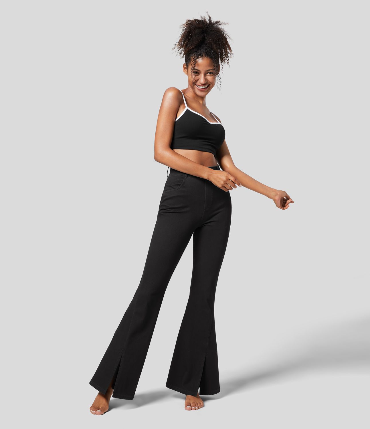 Halara Flex™ High Waisted Side Pocket Split Hem Stretchy Knit Casual Full Length Flare Jeans