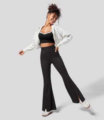 Halara Flex™ High Waisted Side Pocket Split Hem Stretchy Knit Casual Full Length Flare Jeans