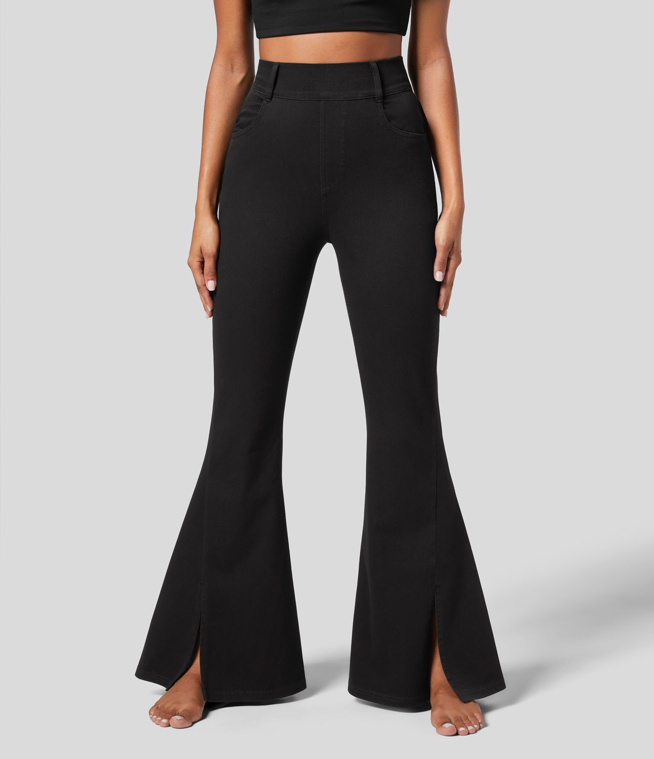 Halara Flex™ High Waisted Side Pocket Split Hem Stretchy Knit Casual Full Length Flare Jeans