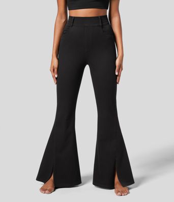 Halara Flex™ High Waisted Side Pocket Split Hem Stretchy Knit Casual Full Length Flare Jeans