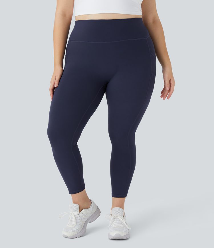 Softlyzero™ High Waisted Double Pockets Plus Size Plain Yoga 7/8 Leggings-UPF50+