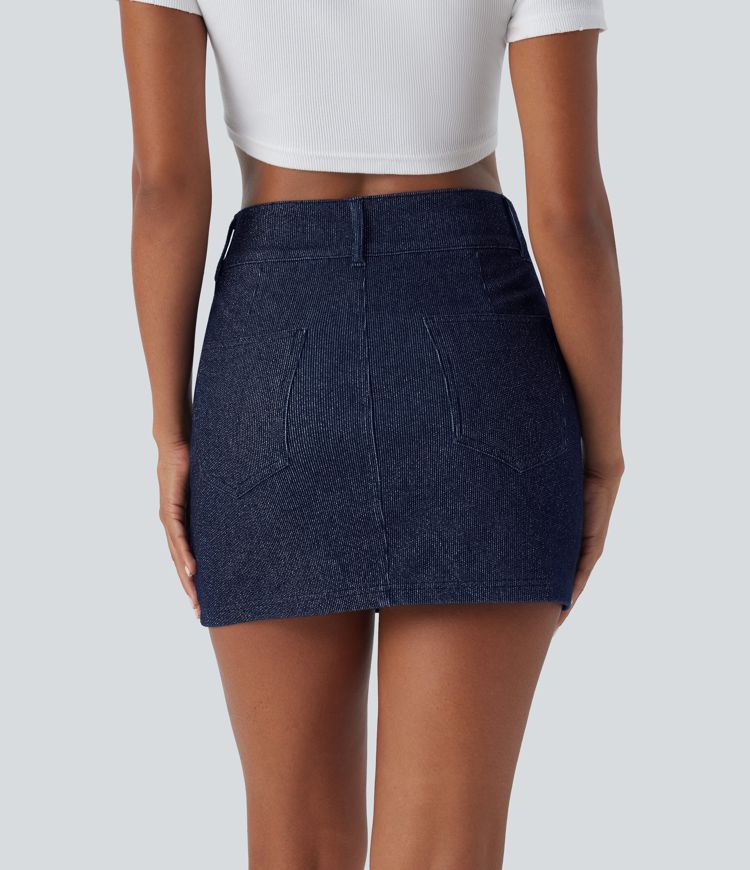 Halara Flex™ High Waisted Back Pockets Split Hem Mini Silver Shine Stretchy Knit Denim Casual Skirt