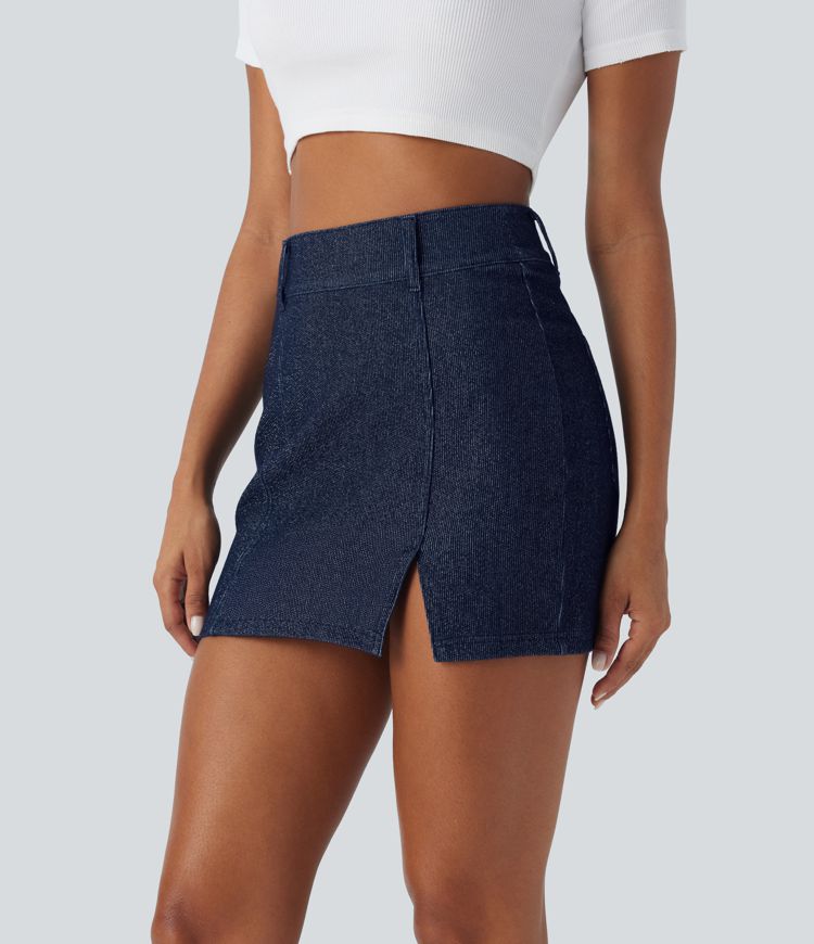 Halara Flex™ High Waisted Back Pockets Split Hem Mini Silver Shine Stretchy Knit Denim Casual Skirt