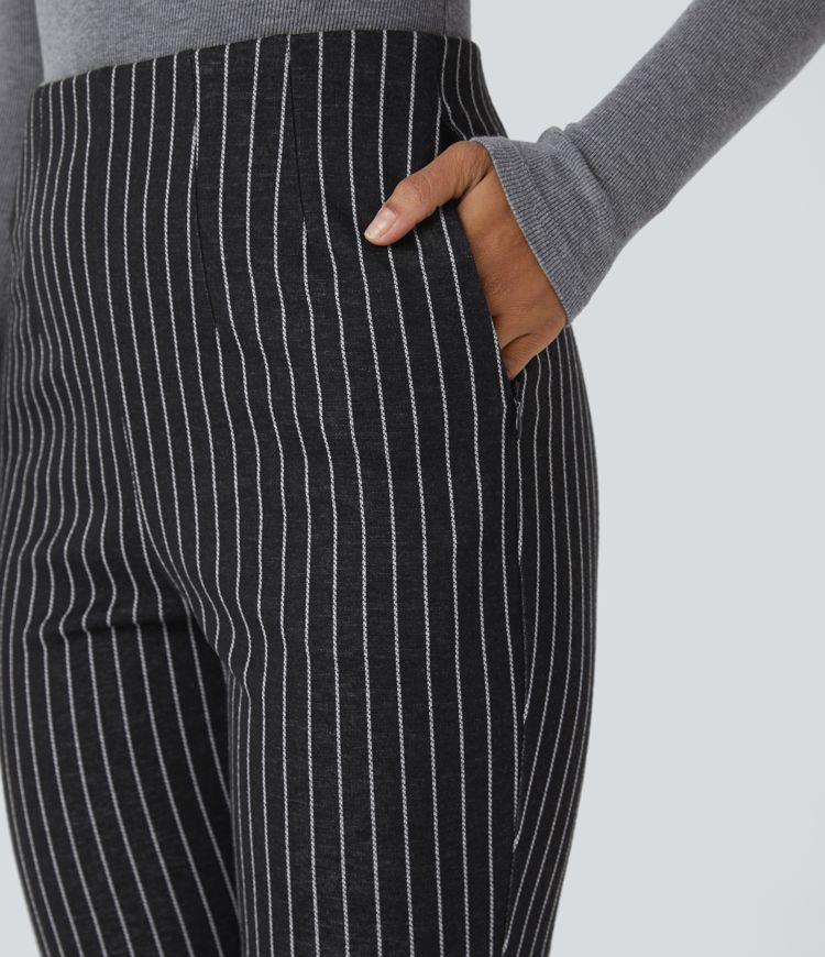 High Waisted Side Zip Pocket Flare Stripe Casual Trousers