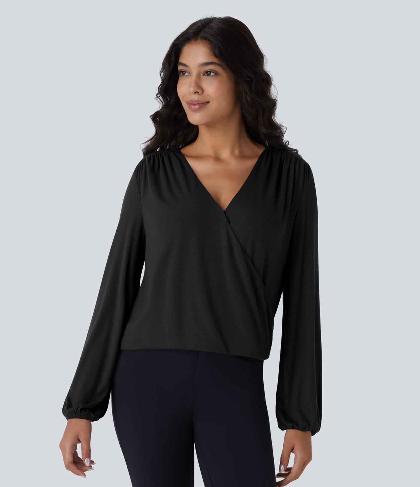 Ribbed V Neck Invisible Snap Button Long Sleeve Wrapped Work Top