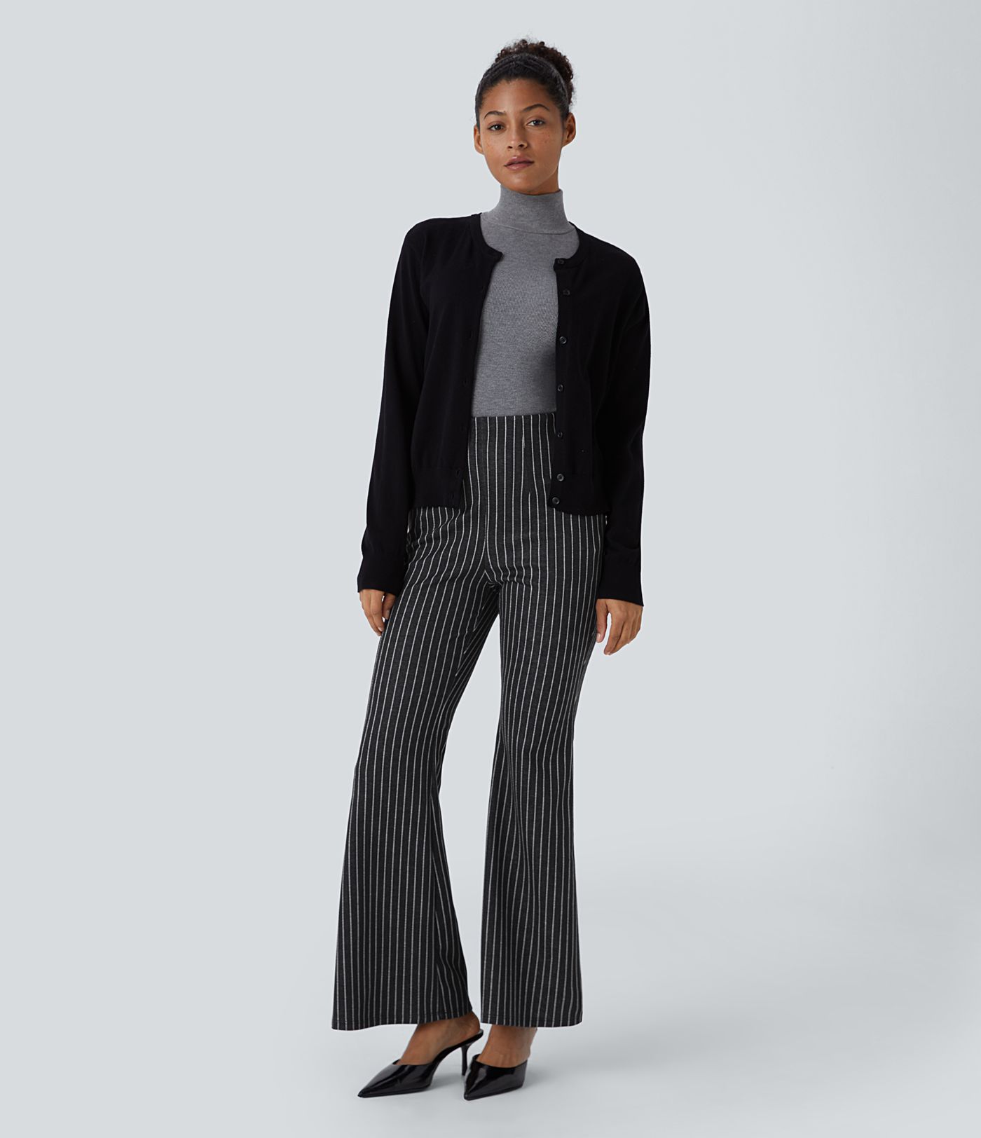 High Waisted Side Zip Pocket Flared Stripe Casual Trousers