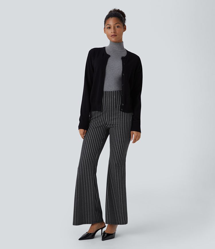 High Waisted Side Zip Pocket Flare Stripe Casual Trousers