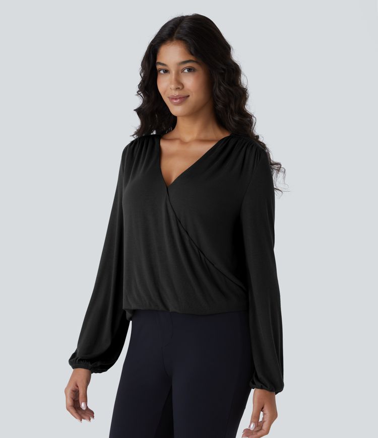 Ribbed V Neck Invisible Snap Button Long Sleeve Wrapped Work Top