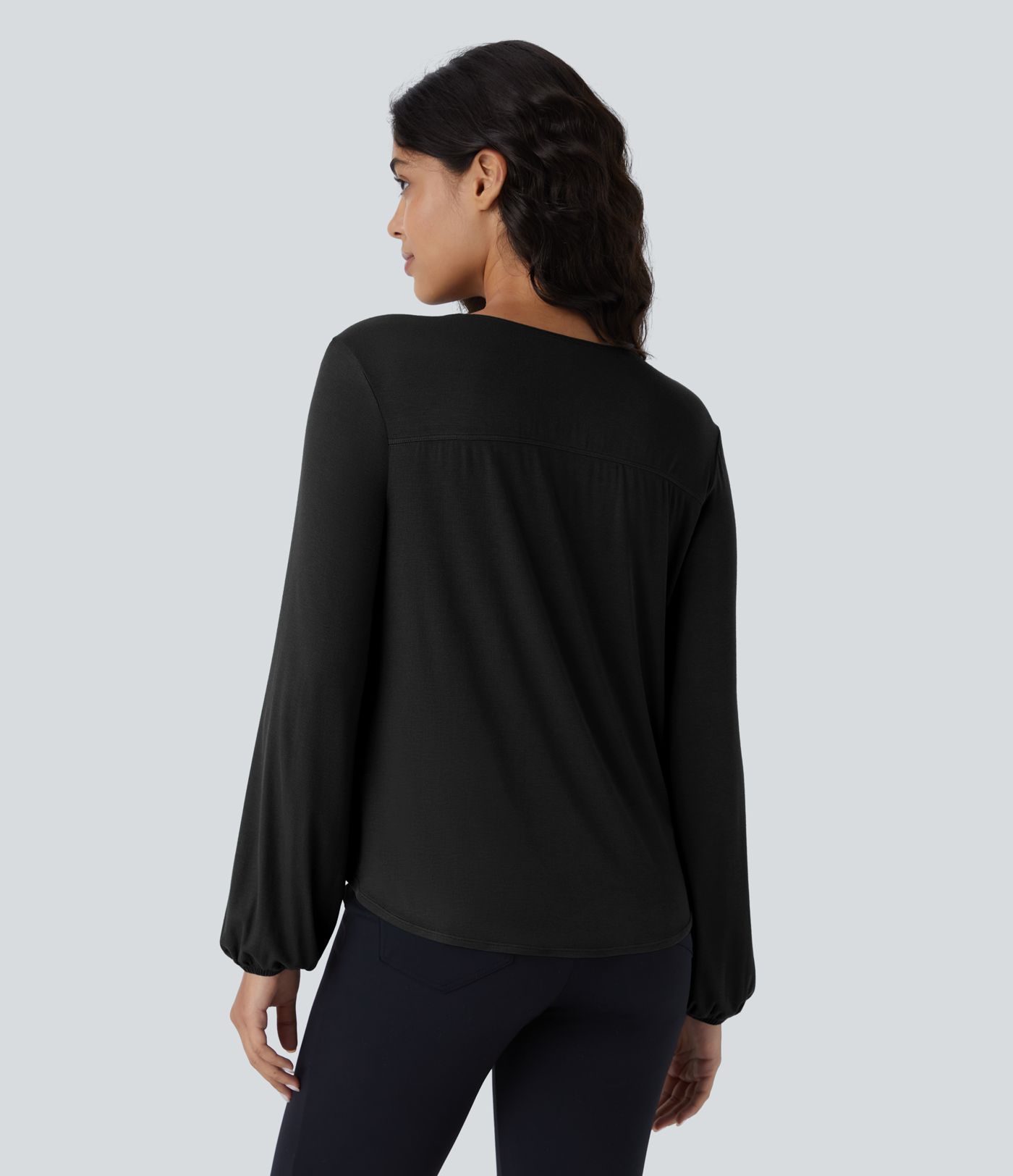 Ribbed V Neck Invisible Snap Button Long Sleeve Wrapped Work Top