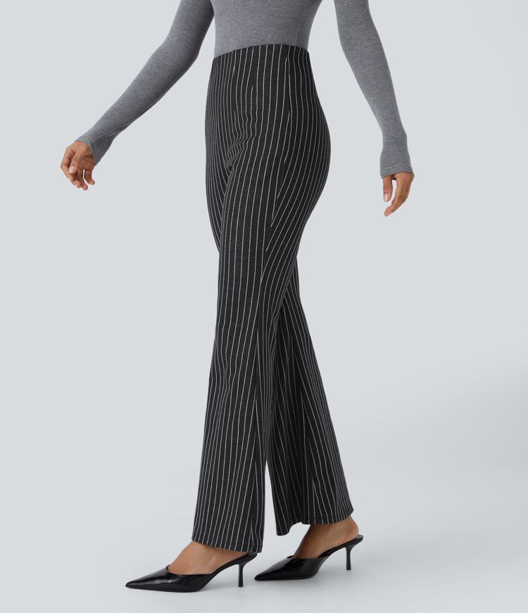 High Waisted Side Zip Pocket Flare Stripe Casual Trousers