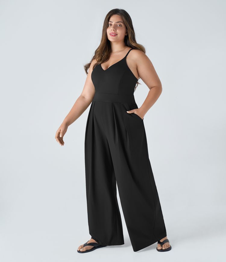 Breezeful™ Backless Side Invisible Zipper Pocket Wide Leg Quick Dry Resort Slip Plus Size Jumpsuit