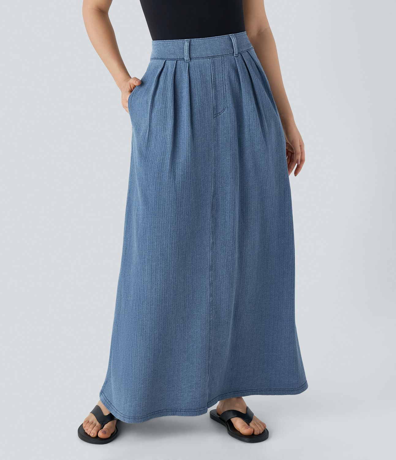 Halara Flex™ Mid Rise Side Pocket A Line Maxi Washed Stretchy Knit Denim Casual Skirt