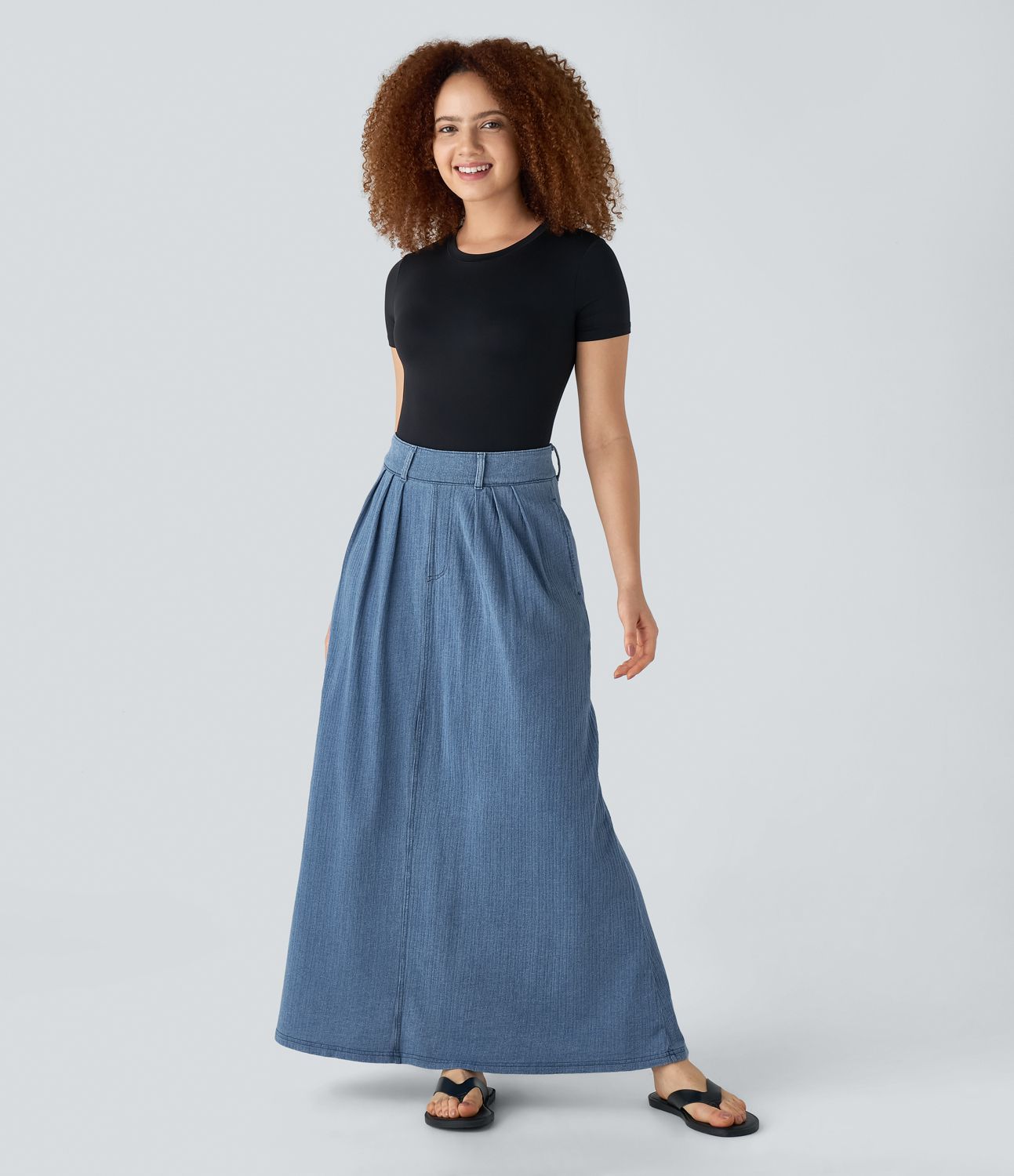 Halara Flex™ Mid Rise Side Pocket A Line Maxi Washed Stretchy Knit Denim Casual Skirt
