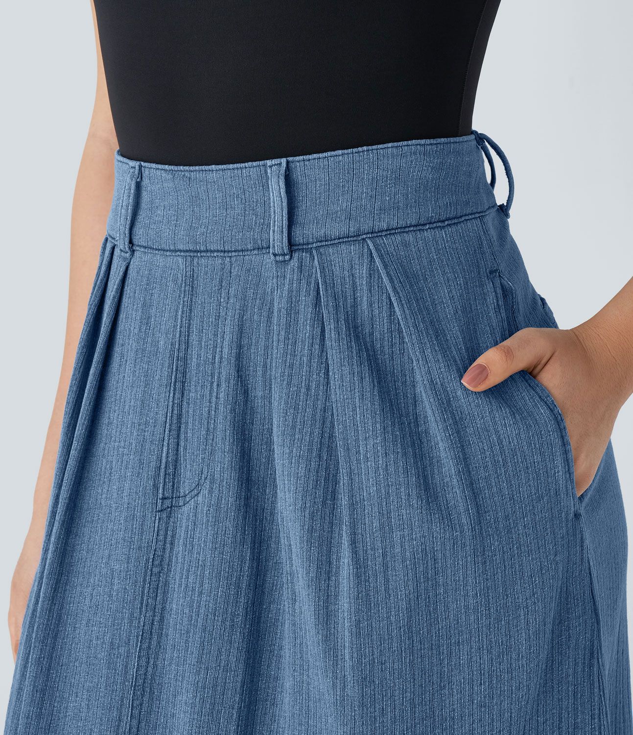 Halara Flex™ Mid Rise Side Pocket A Line Maxi Washed Stretchy Knit Denim Casual Skirt