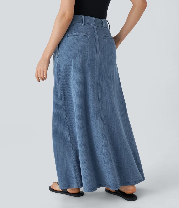 Halara Flex™ Mid Rise Side Pocket A Line Maxi Washed Stretchy Knit Denim Casual Skirt