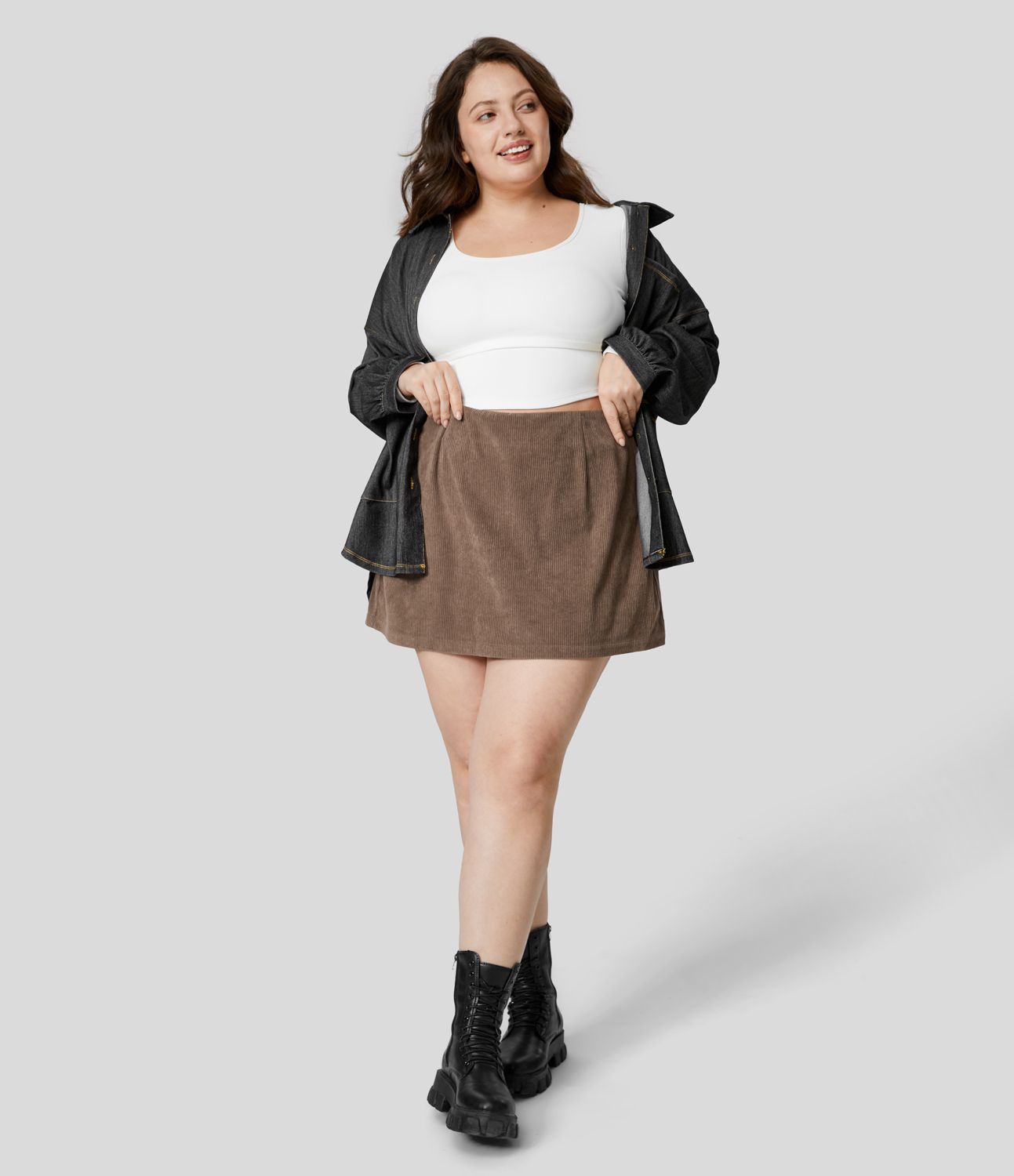 High Waisted 2-in-1 A Line Mini Corduroy Casual Plus Size Skirt